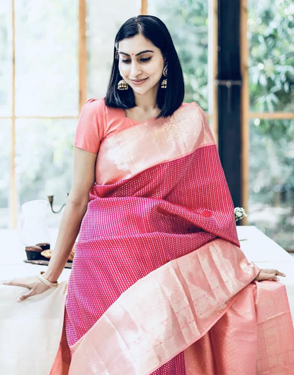 Dark Pink & Peach Banarasi Silk Saree With Weaving Work