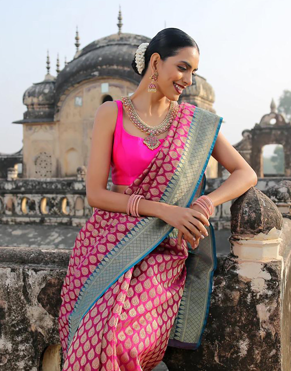 Dark Pink Banarasi Soft Silk Saree With Weaving Border