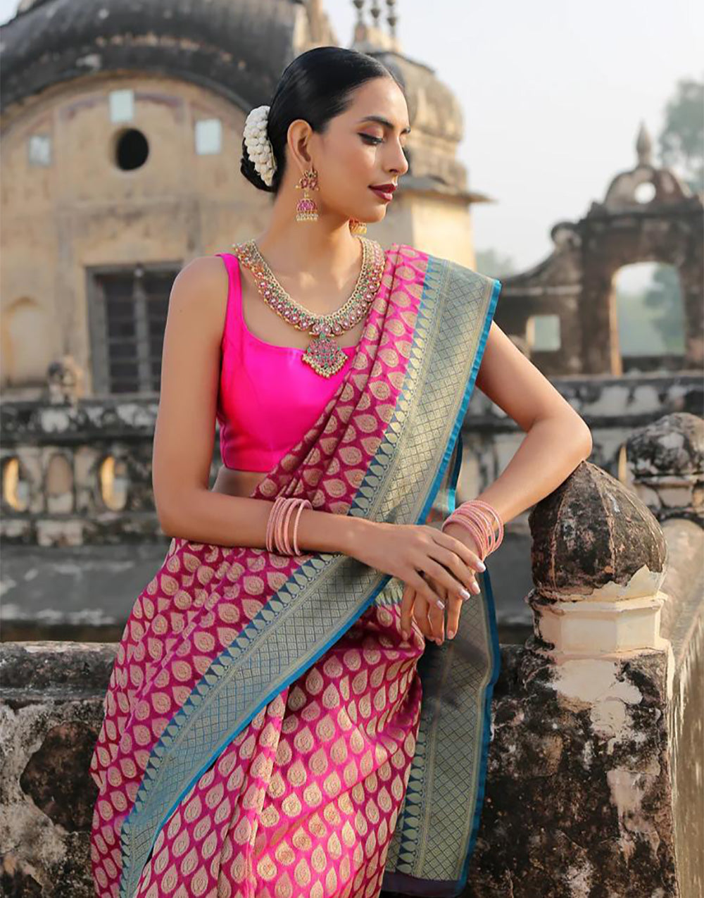 Dark Pink Banarasi Soft Silk Saree With Weaving Border