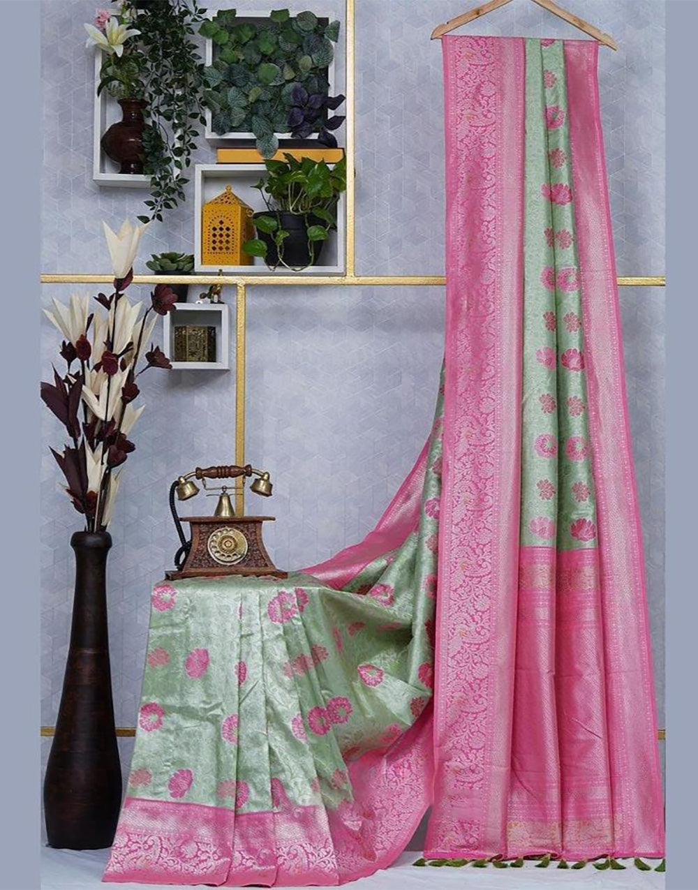 Baby Pink & Green Kanjivaram Silk Saree With Weaving Work