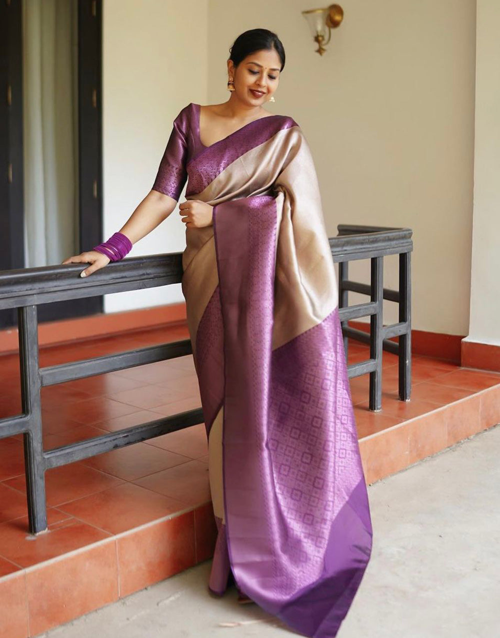 Cream & Grape Wine Banarasi Silk Saree With Zari Weaving Work