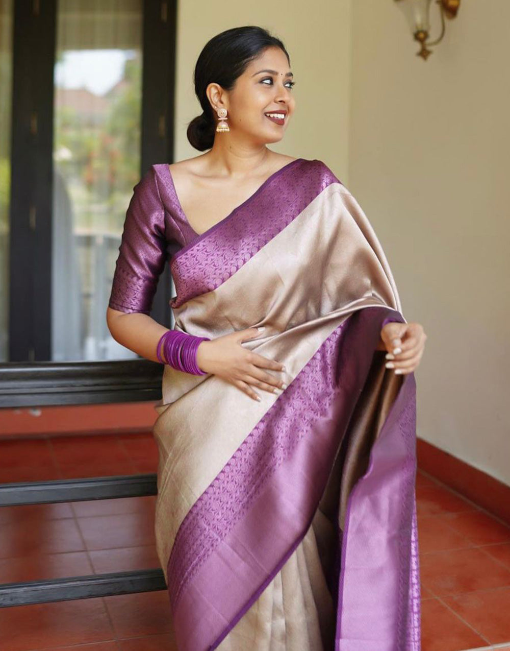 Cream & Grape Wine Banarasi Silk Saree With Zari Weaving Work