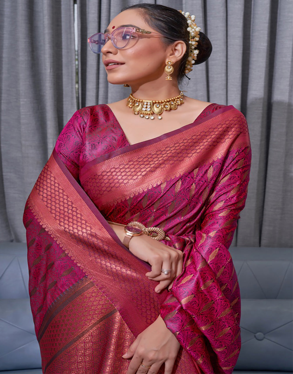 Dark Pink Banarasi Soft Silk Saree With Zari Weaving Work