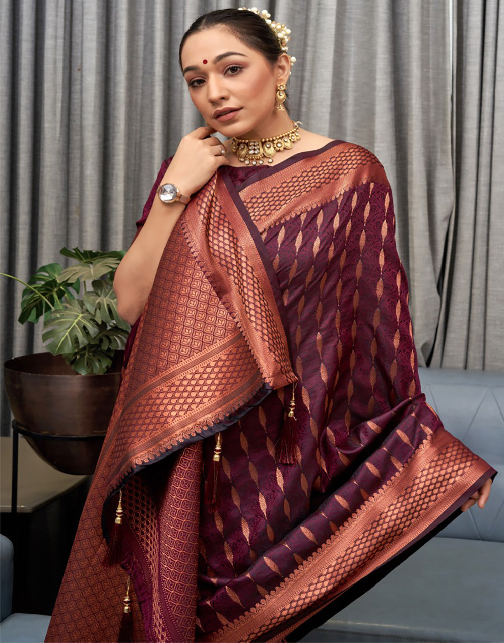 Dark Wine Banarasi Soft Silk Saree With Zari Weaving Work