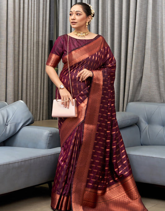 Dark Wine Banarasi Soft Silk Saree With Zari Weaving Work