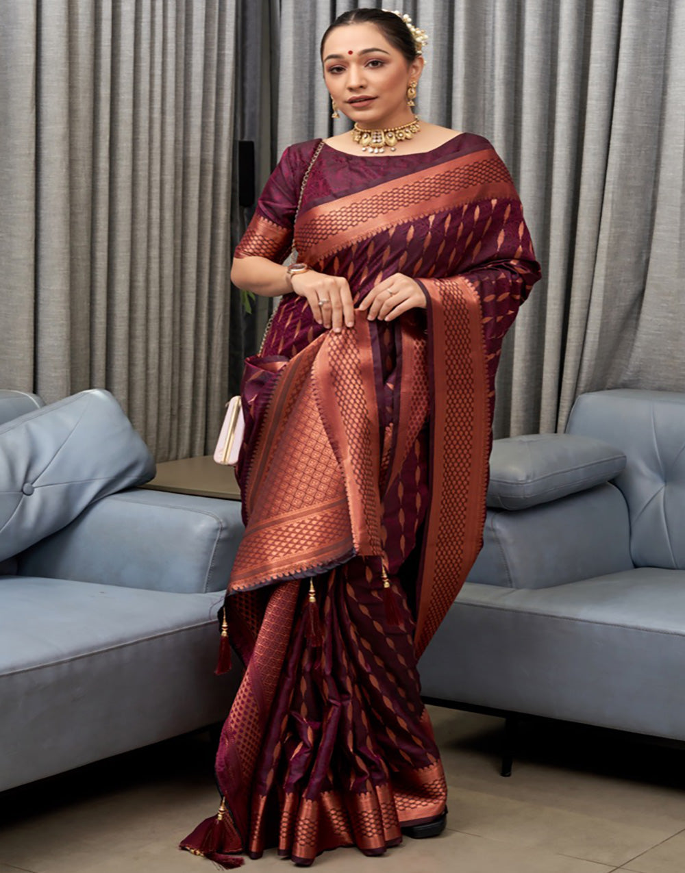 Dark Wine Banarasi Soft Silk Saree With Zari Weaving Work