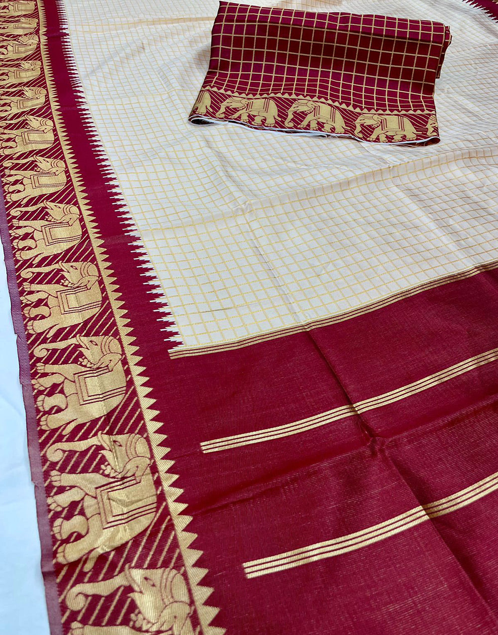 Off White & Red Banarasi Soft Silk Saree With Zari Weaving Work