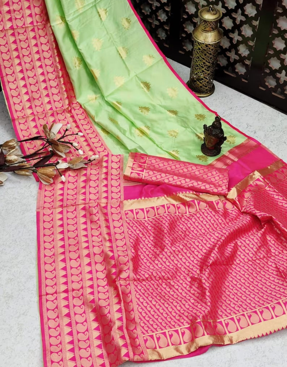 Green & Pink Banarasi Soft Silk Saree With Zari Weaving Work