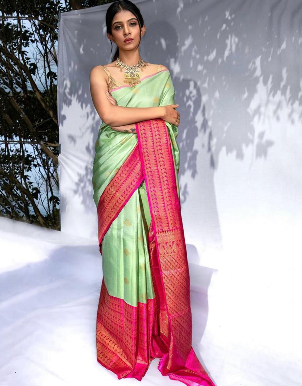 Green & Pink Banarasi Soft Silk Saree With Zari Weaving Work