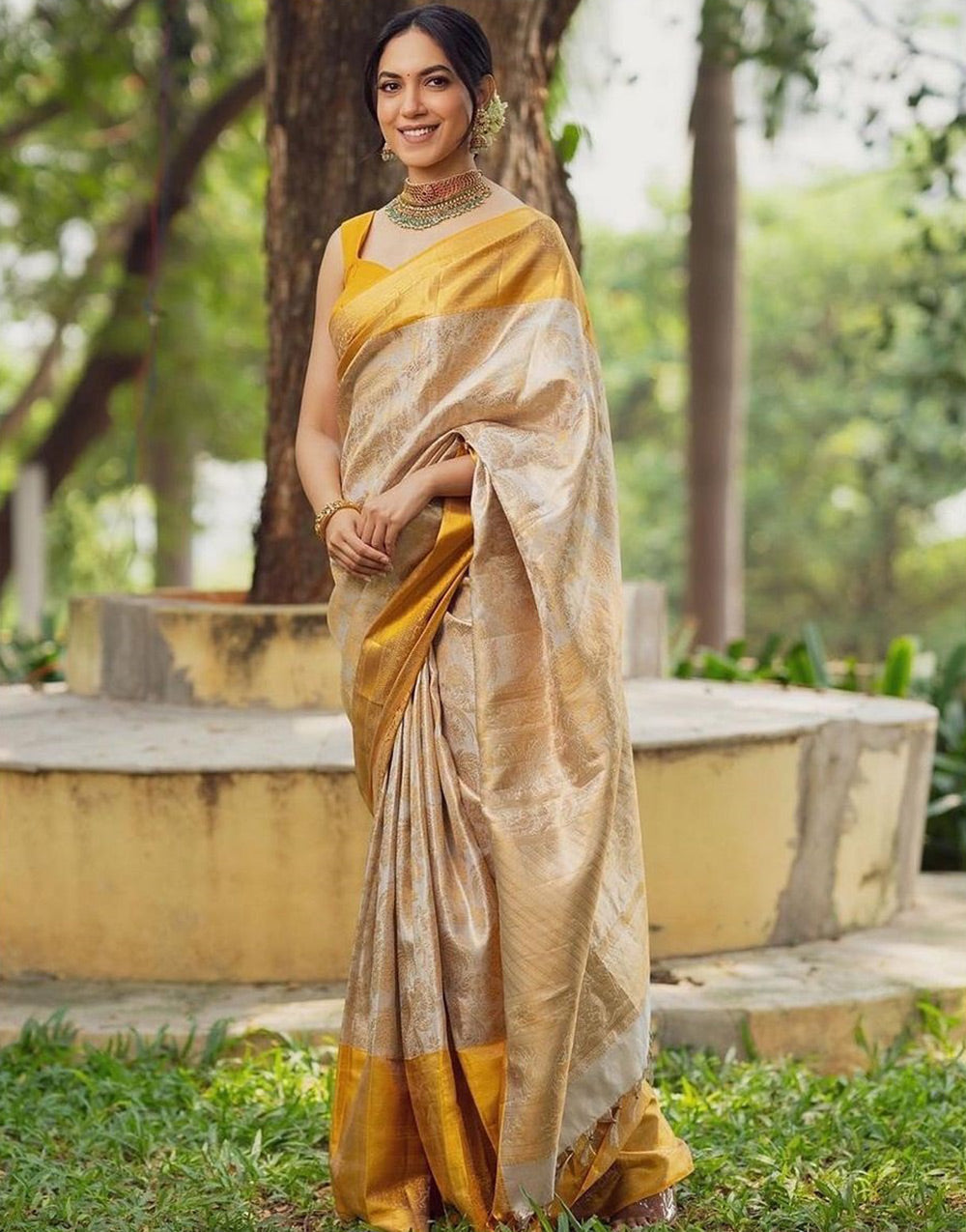 Cream & Yellow Banarasi Soft Silk Saree With Zari Weaving Work