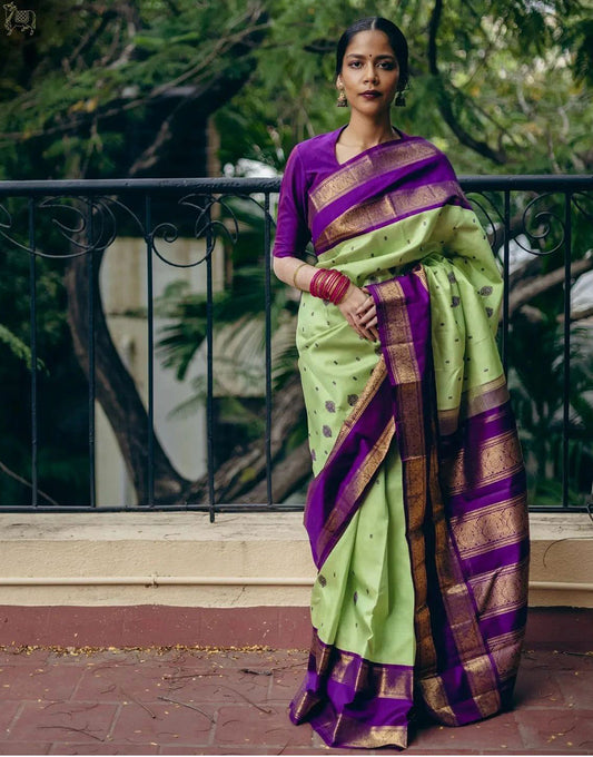 Green & Purple Banarasi Soft Silk Saree With Zari Weaving Work