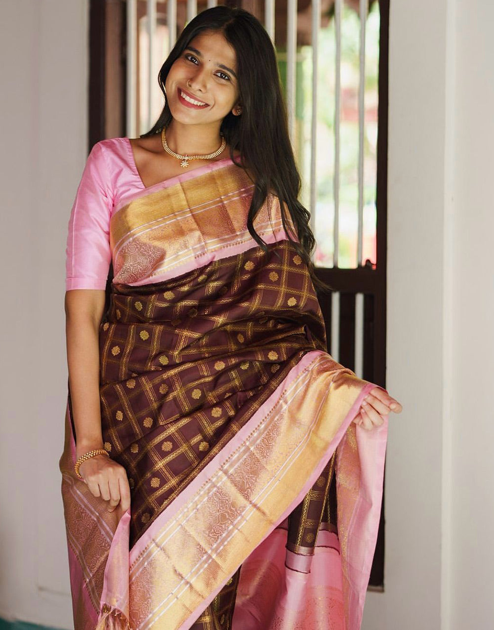 Brown & Pink Banarasi Soft Silk Saree With Zari Weaving Work