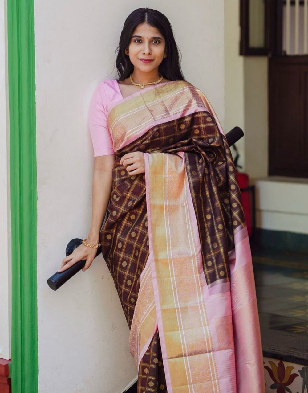 Brown & Pink Banarasi Soft Silk Saree With Zari Weaving Work