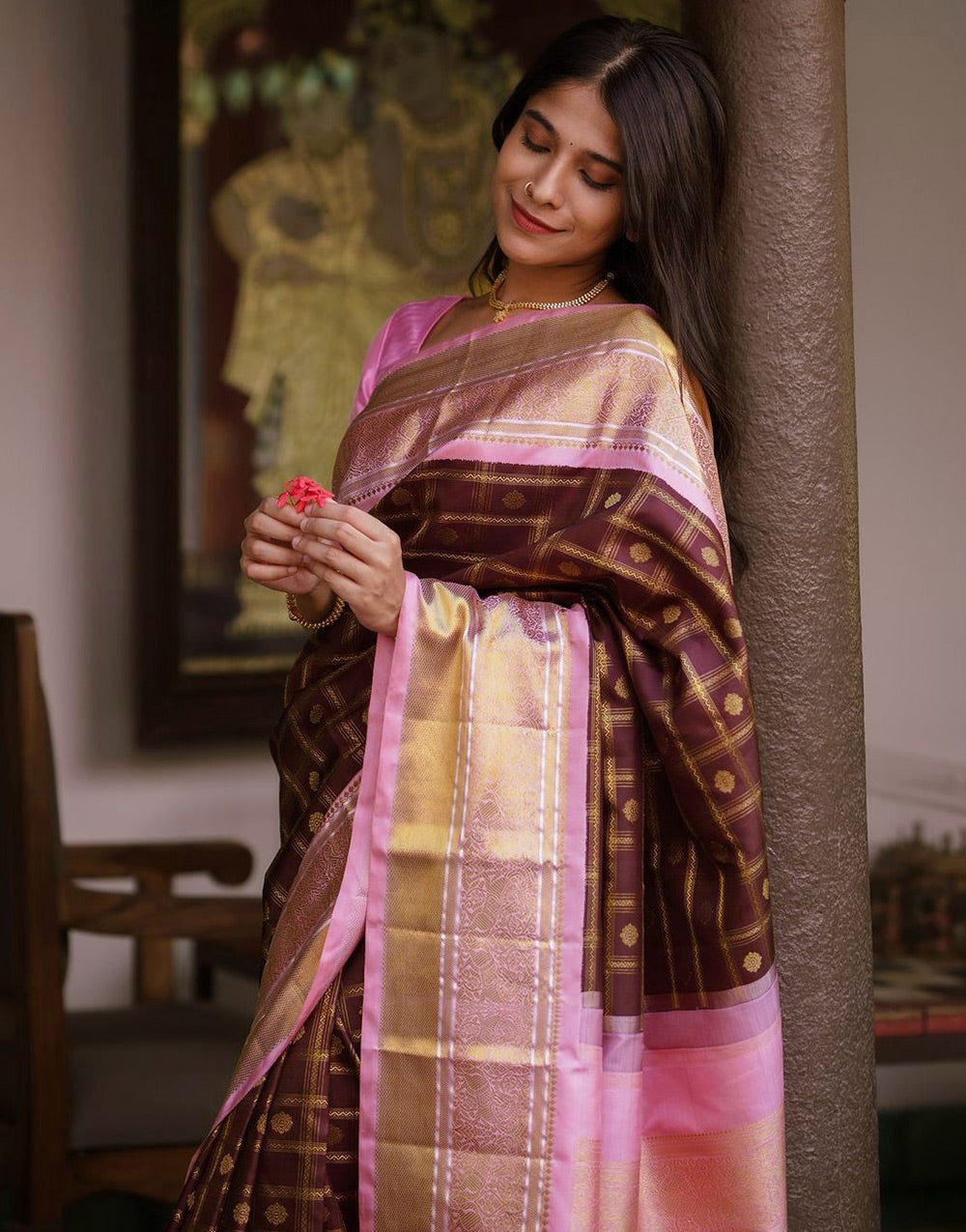 Brown & Pink Banarasi Soft Silk Saree With Zari Weaving Work