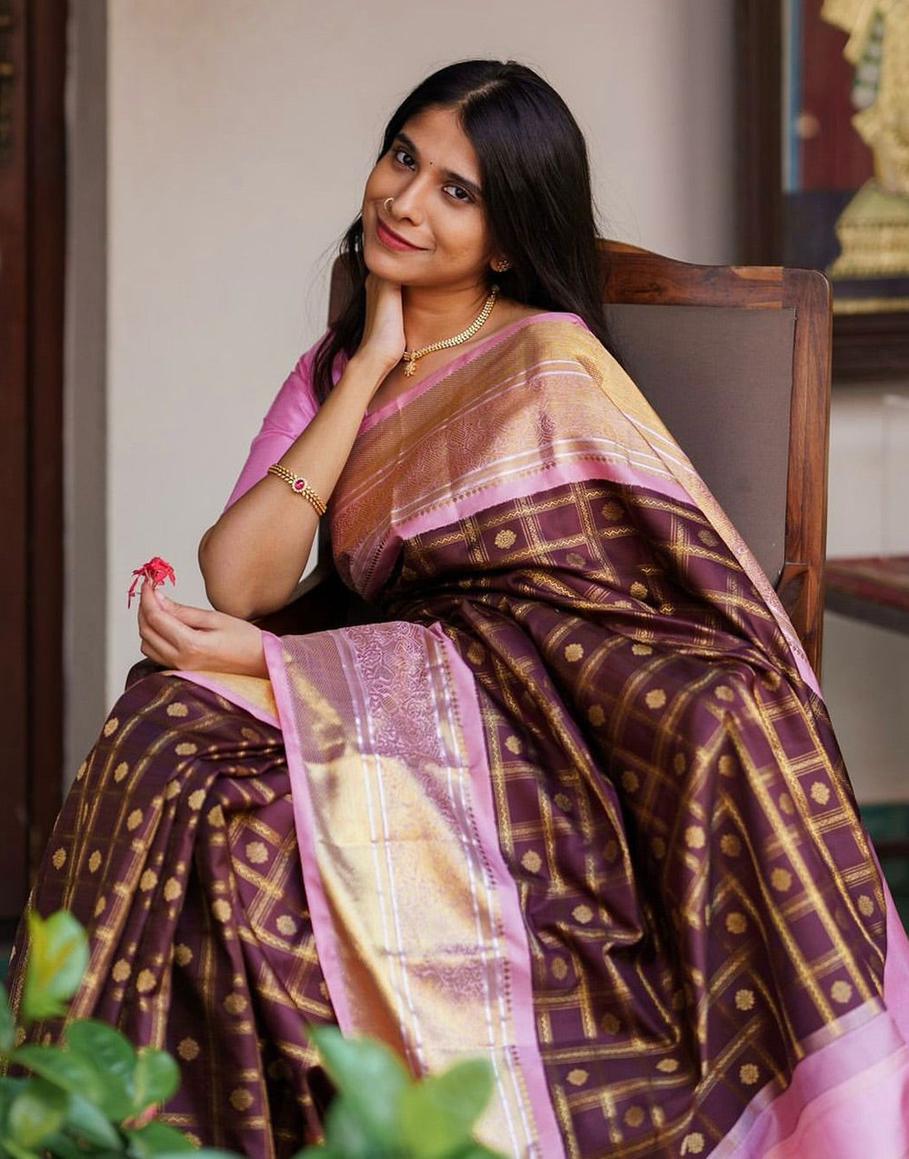 Brown & Pink Banarasi Soft Silk Saree With Zari Weaving Work