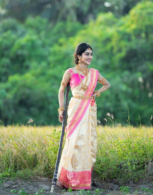 Cream & Pink Banarasi Silk Saree With Zari Weaving Work