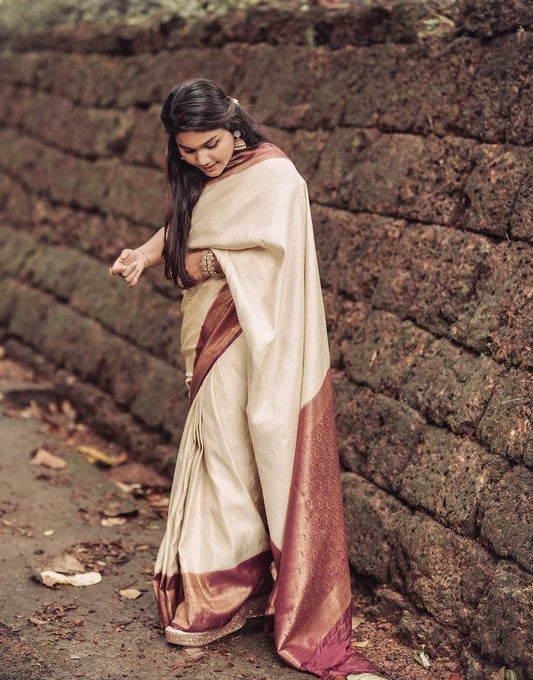 Cream & Maroon Banarasi Silk Saree With Zari Weaving Work