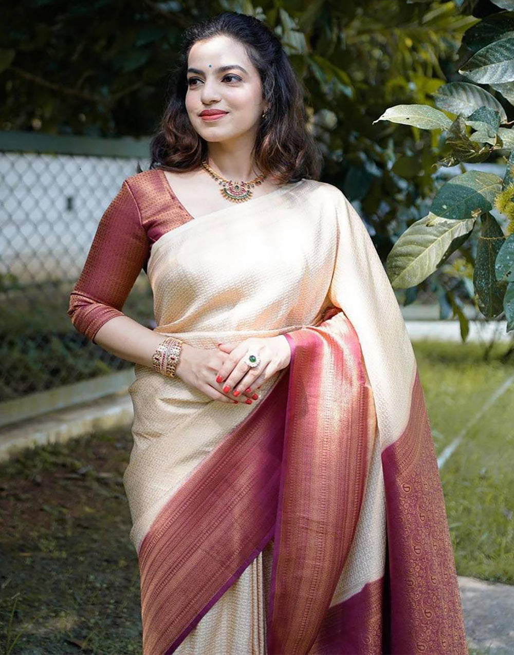 Maroon & Cream Banarasi Soft Silk Saree With Weaving Work