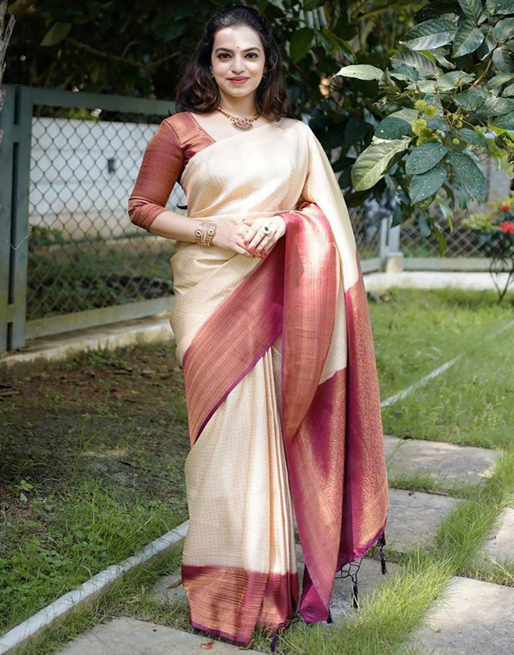 Maroon & Cream Banarasi Soft Silk Saree With Weaving Work