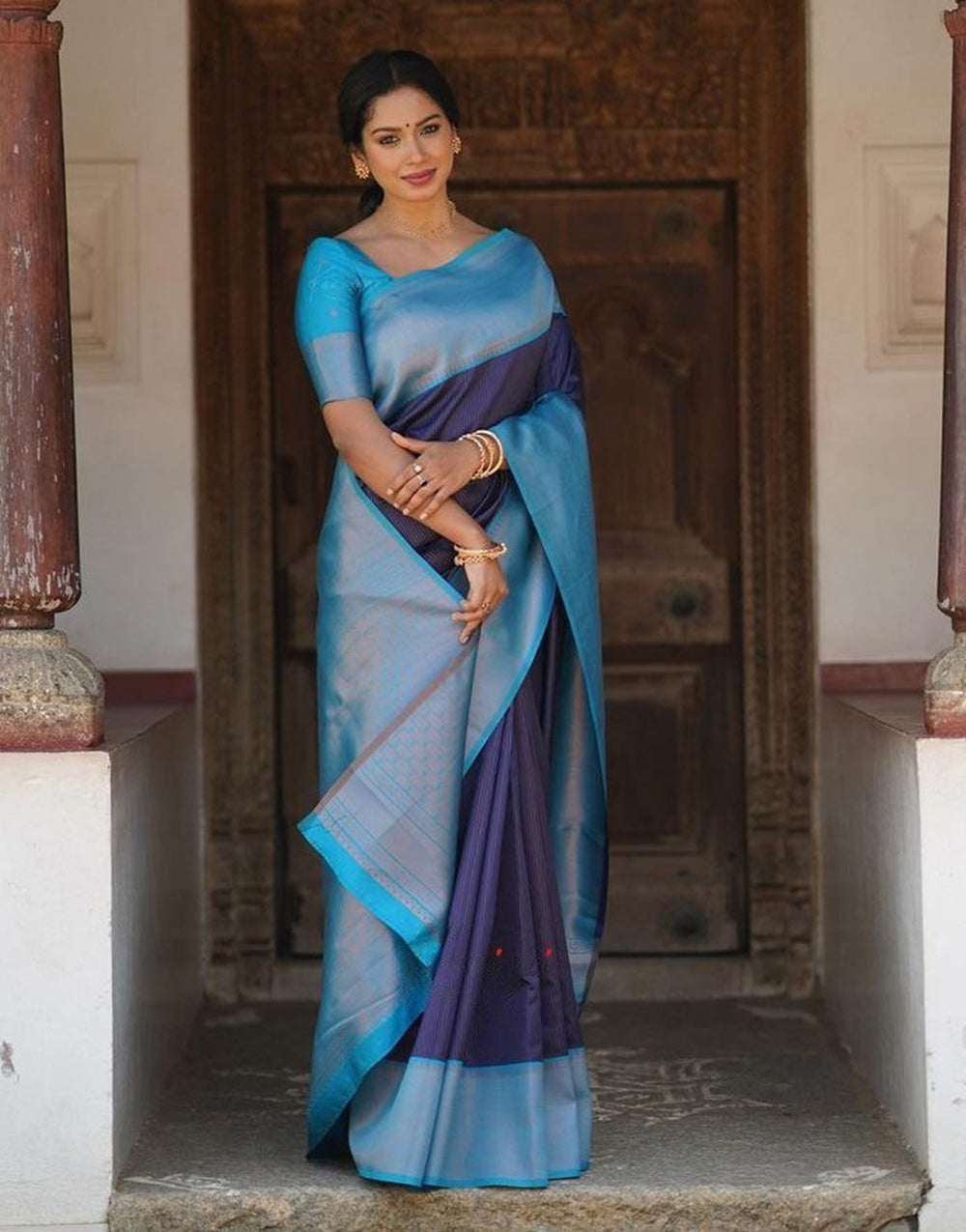 Blue Banarasi Silk Saree With Zari Weaving Work