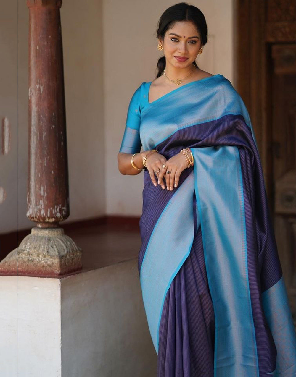 Blue Banarasi Silk Saree With Zari Weaving Work