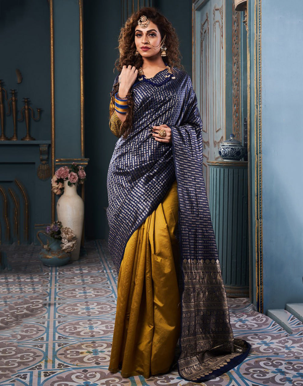 Blue & Mustard Yellow Banarasi Silk Saree With Zari Weaving Work