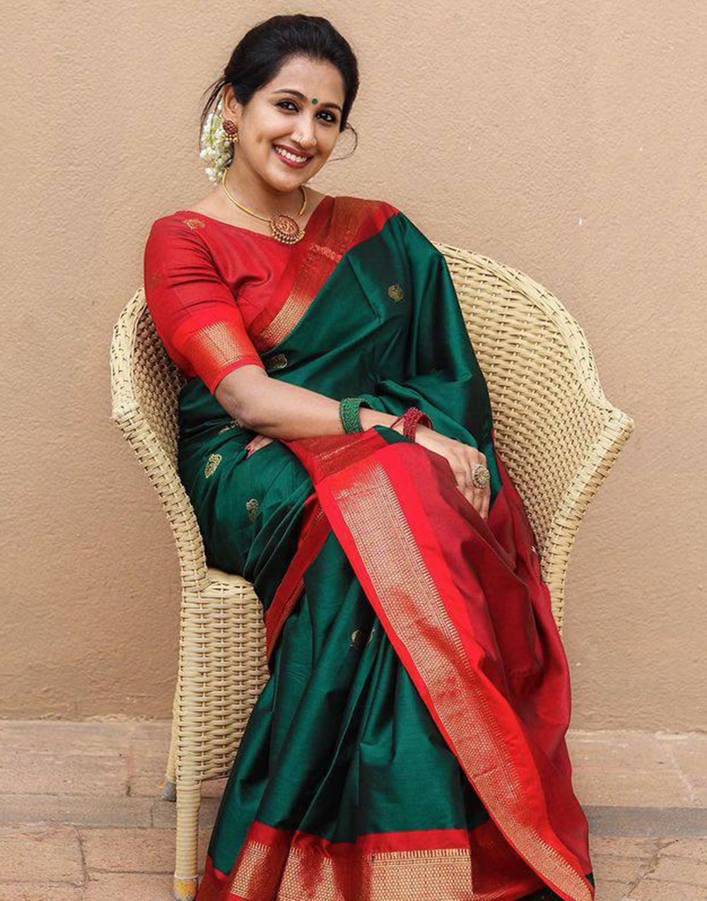 Green & Red Banarasi Silk Saree With Zari Weaving Work