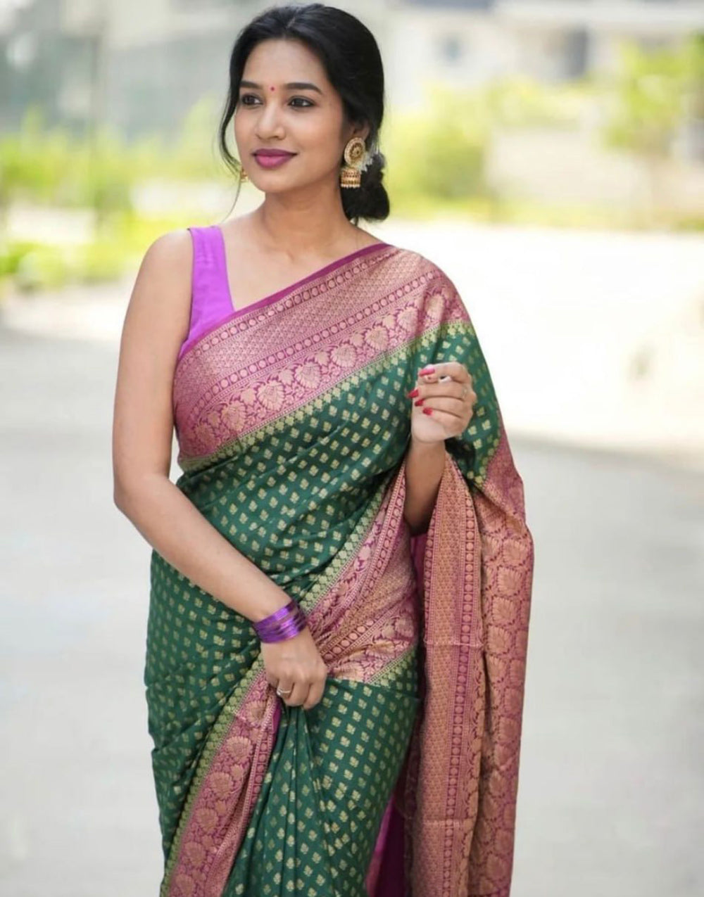 Green & Light Purple Banarasi Silk Saree With Zari Weaving Work