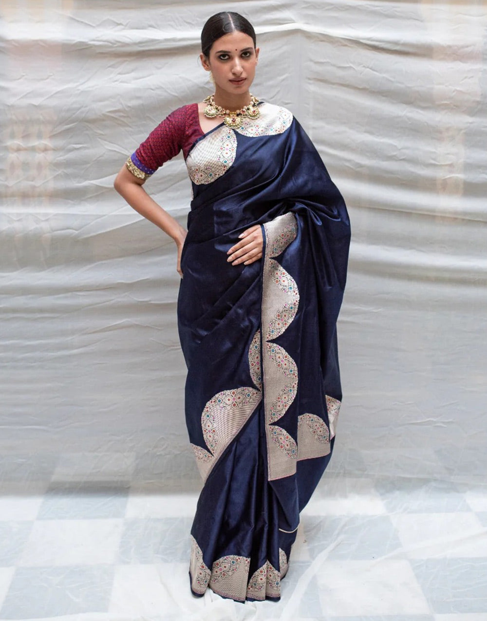 Navy Blue Banarasi Soft Silk Saree With Zari Weaving Work