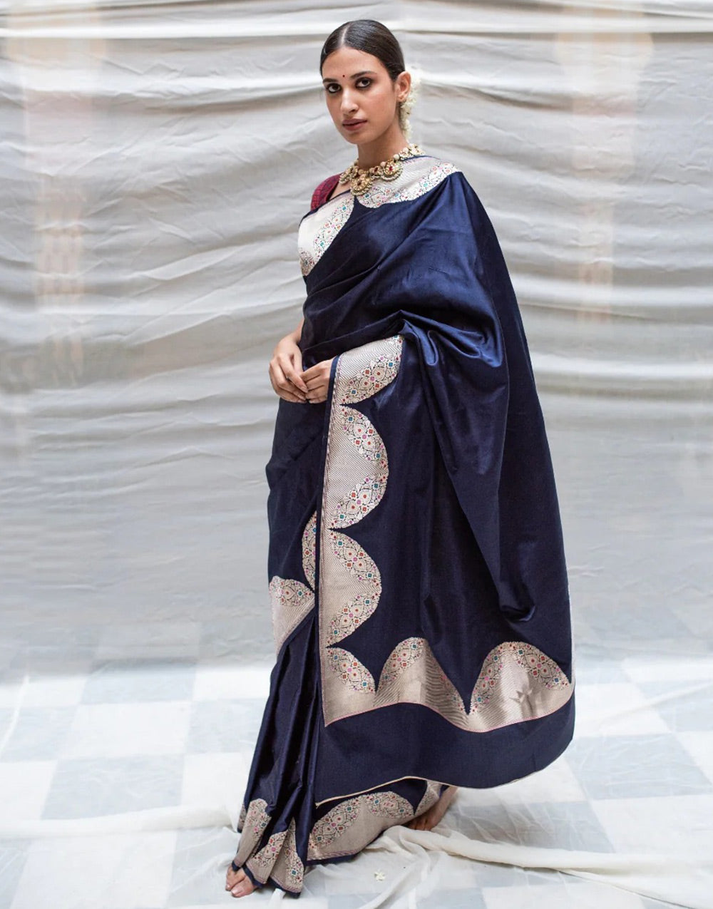 Navy Blue Banarasi Soft Silk Saree With Zari Weaving Work