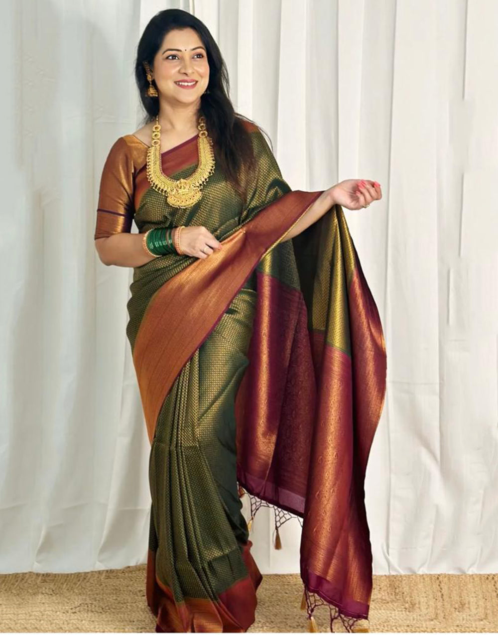 Green & Maroon Banarasi Silk Saree With Copper Zari Weaving Work