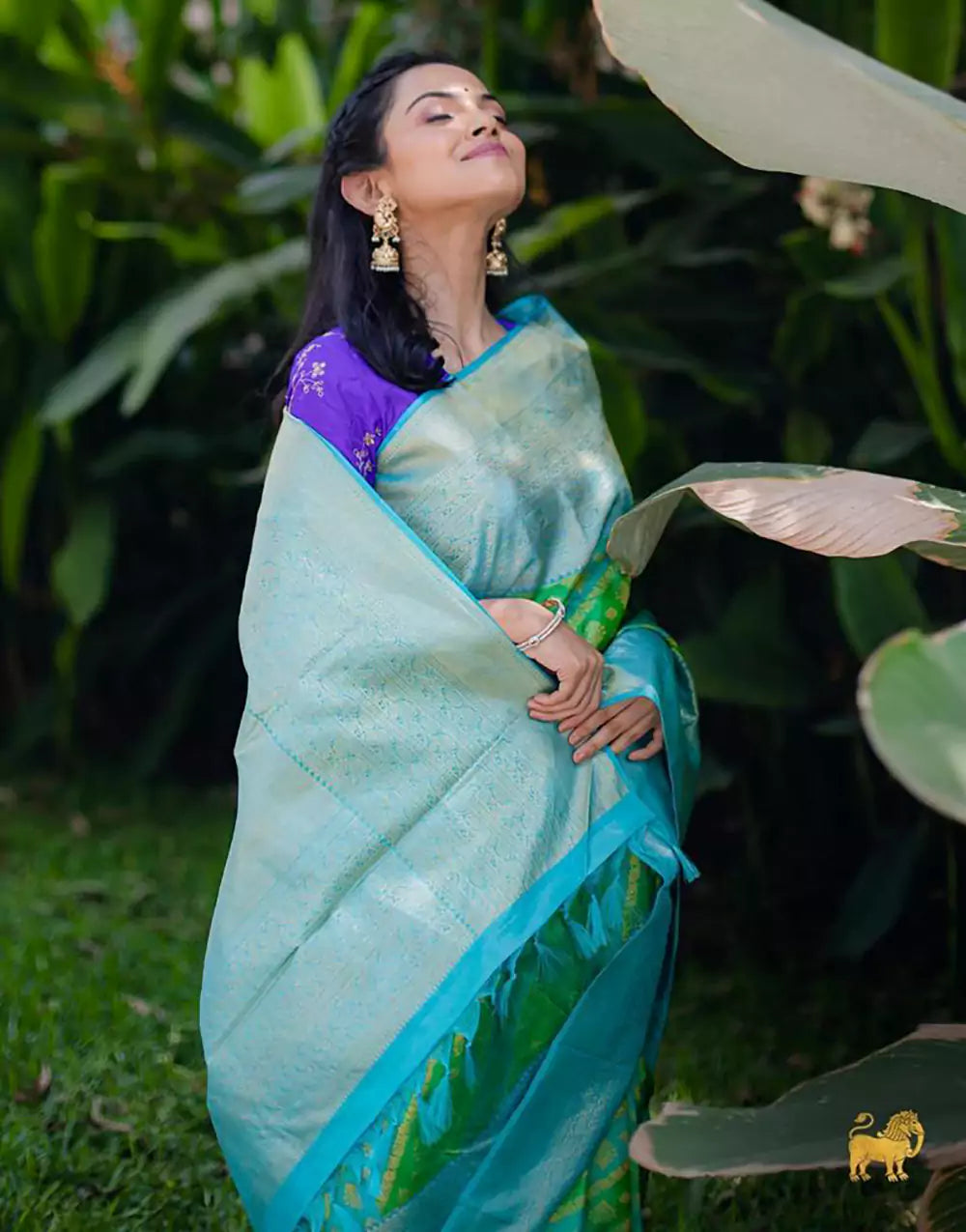 Green Colour Banarasi Soft Silk Sky Blue Border Saree