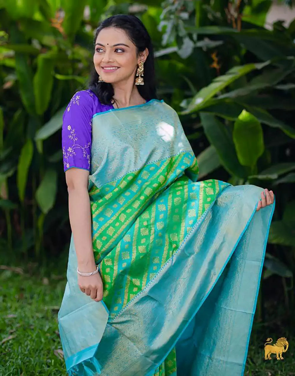 Green Colour Banarasi Soft Silk Sky Blue Border Saree