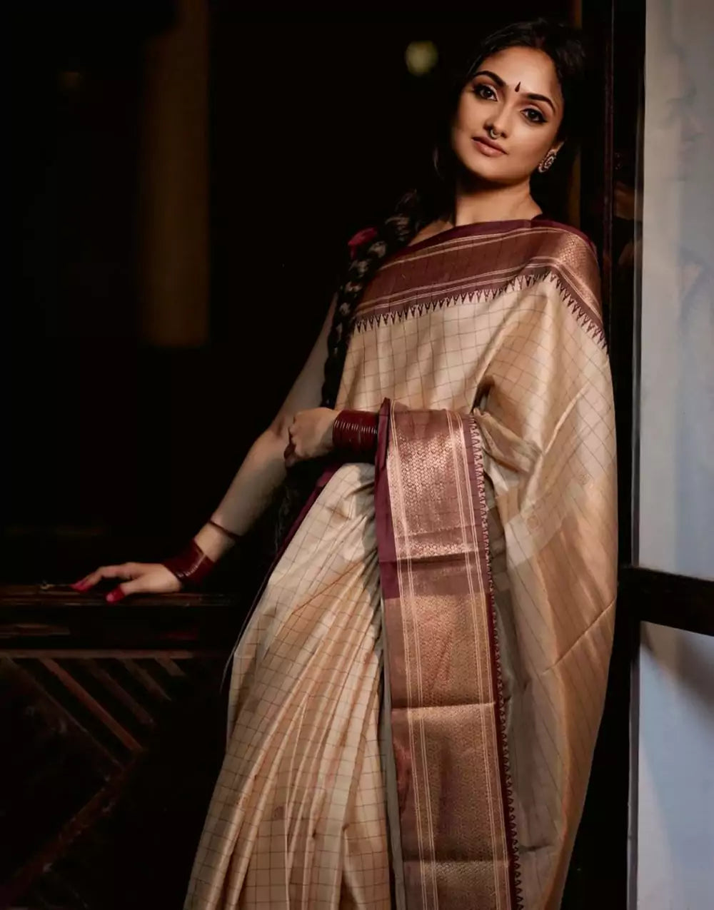 Cream Colour Checks Designer Banarasi Soft Silk Saree