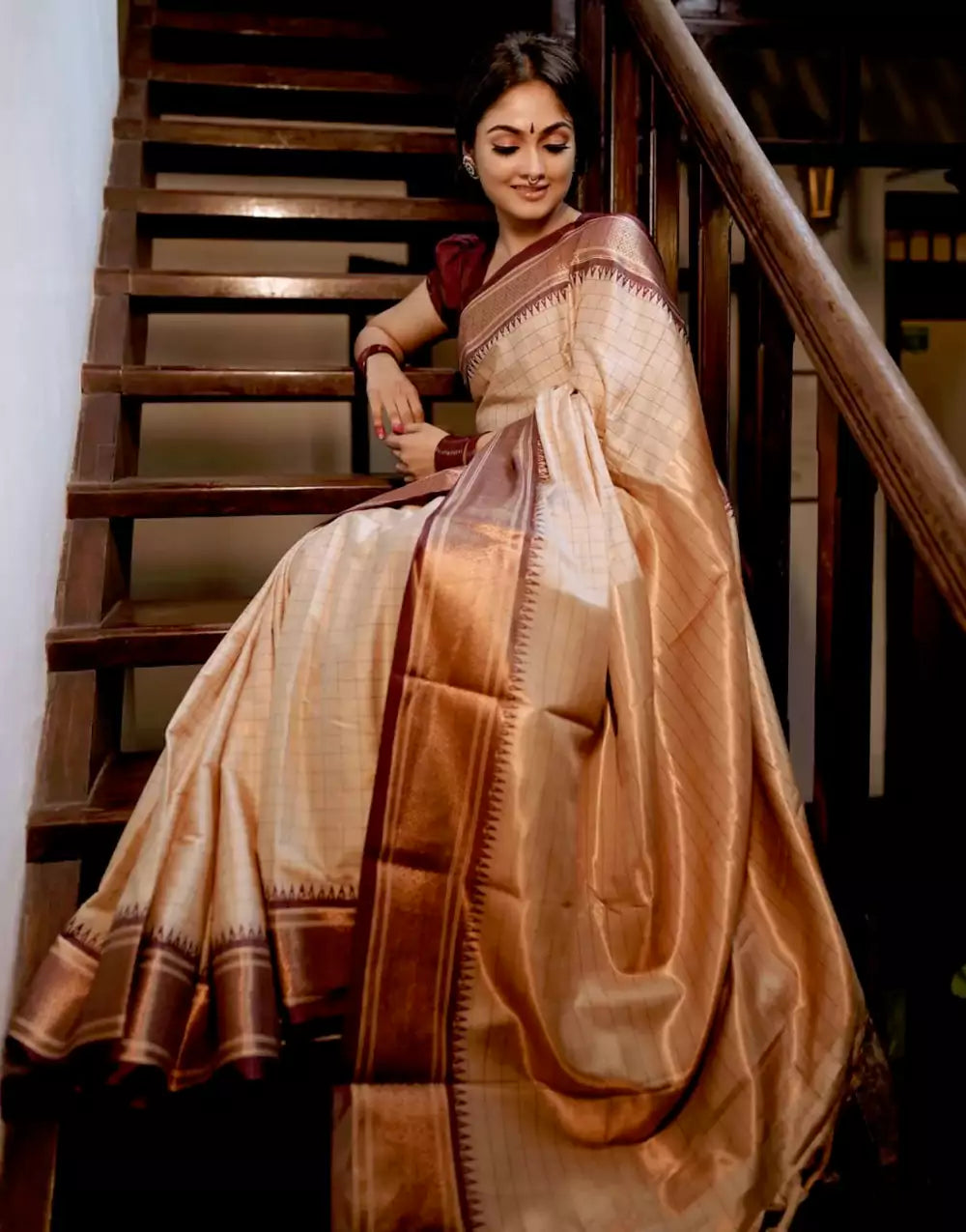 Cream Colour Checks Designer Banarasi Soft Silk Saree