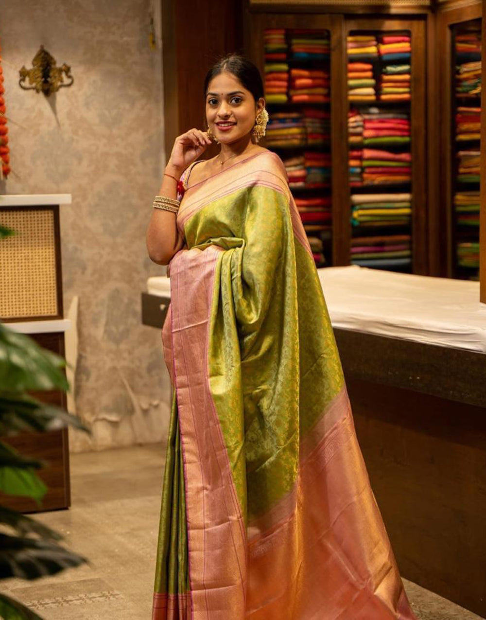 Parrot Green Banarasi Silk Saree With Zari Weaving Work