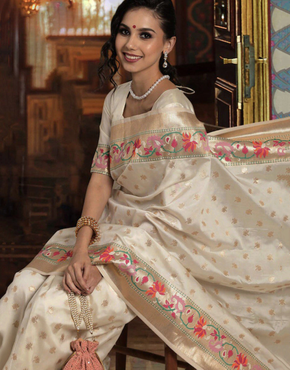 Cream Banarasi Silk Saree With Zari Weaving Work