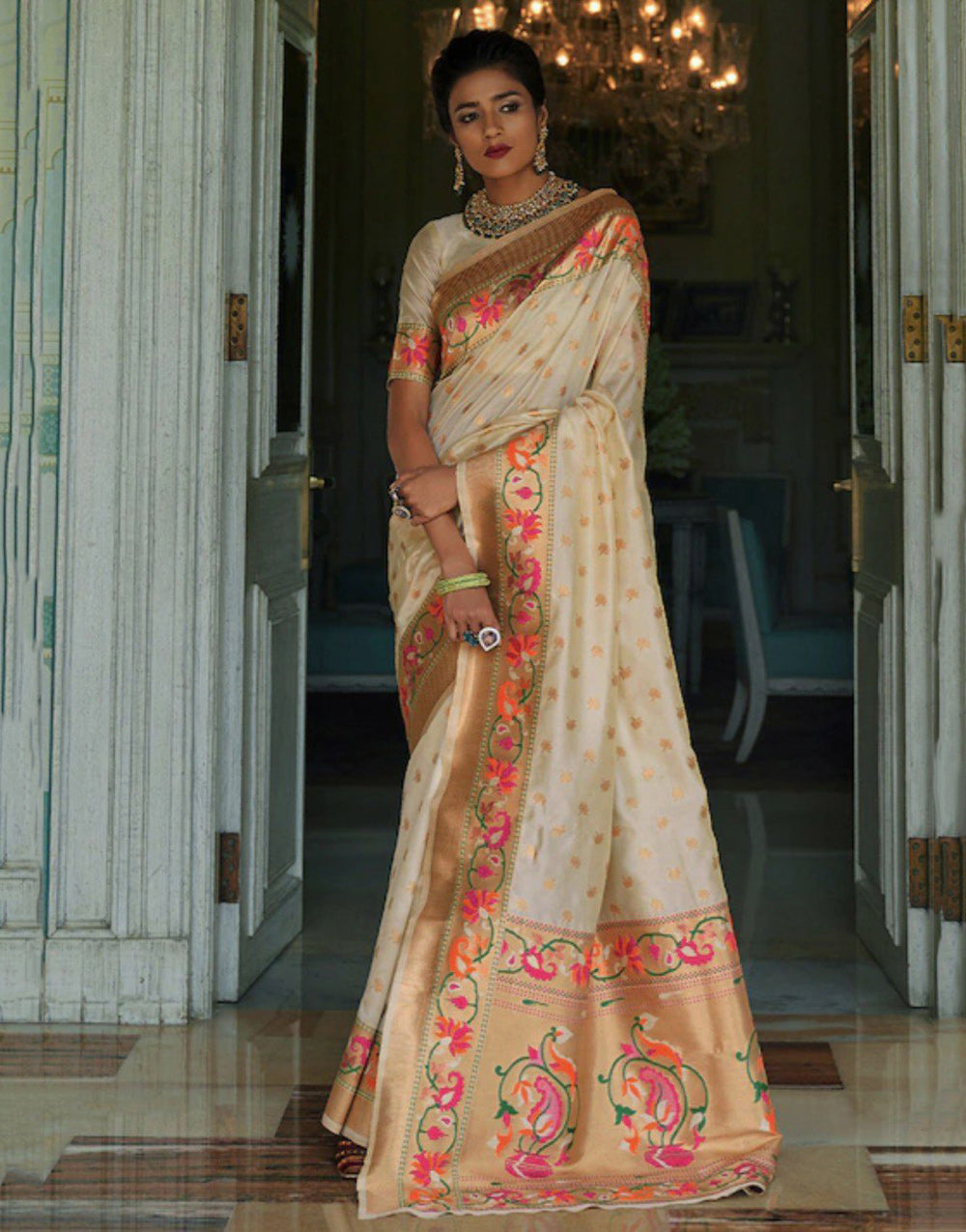 Cream Banarasi Silk Saree With Zari Weaving Work