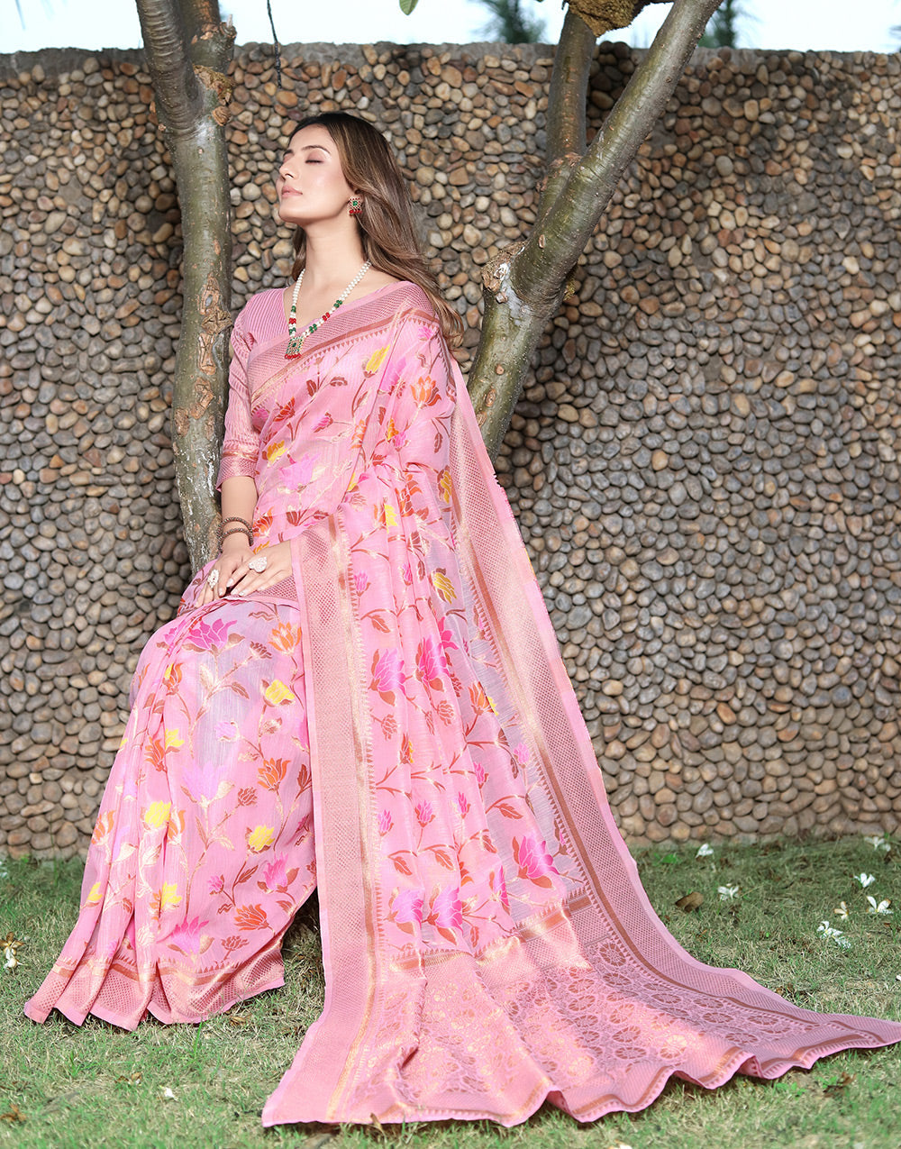 Light Pink Banarasi Soft Silk Saree With Zari Weaving Work