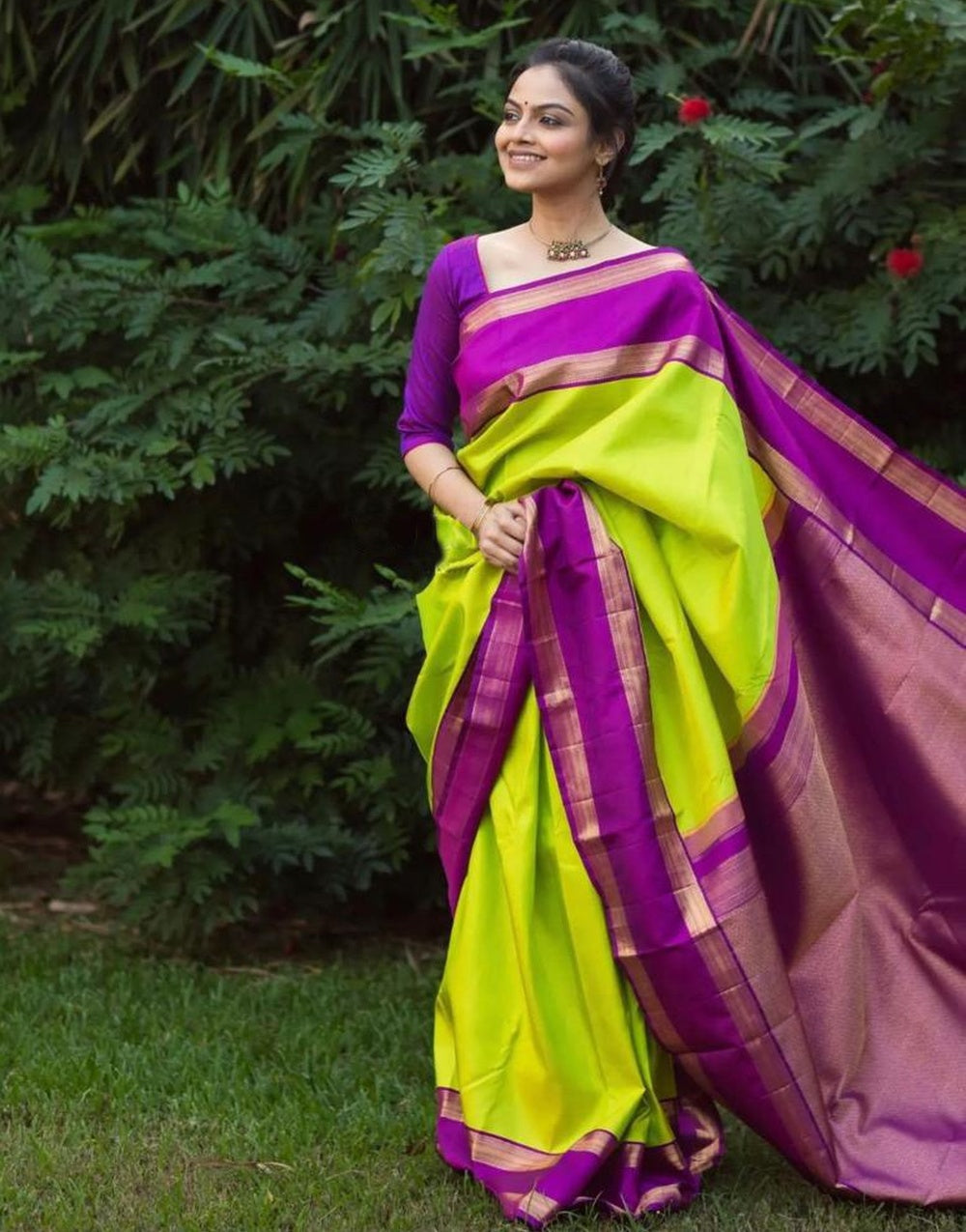 Light Green & Purple Banarasi Soft Silk Saree With Weaving Work