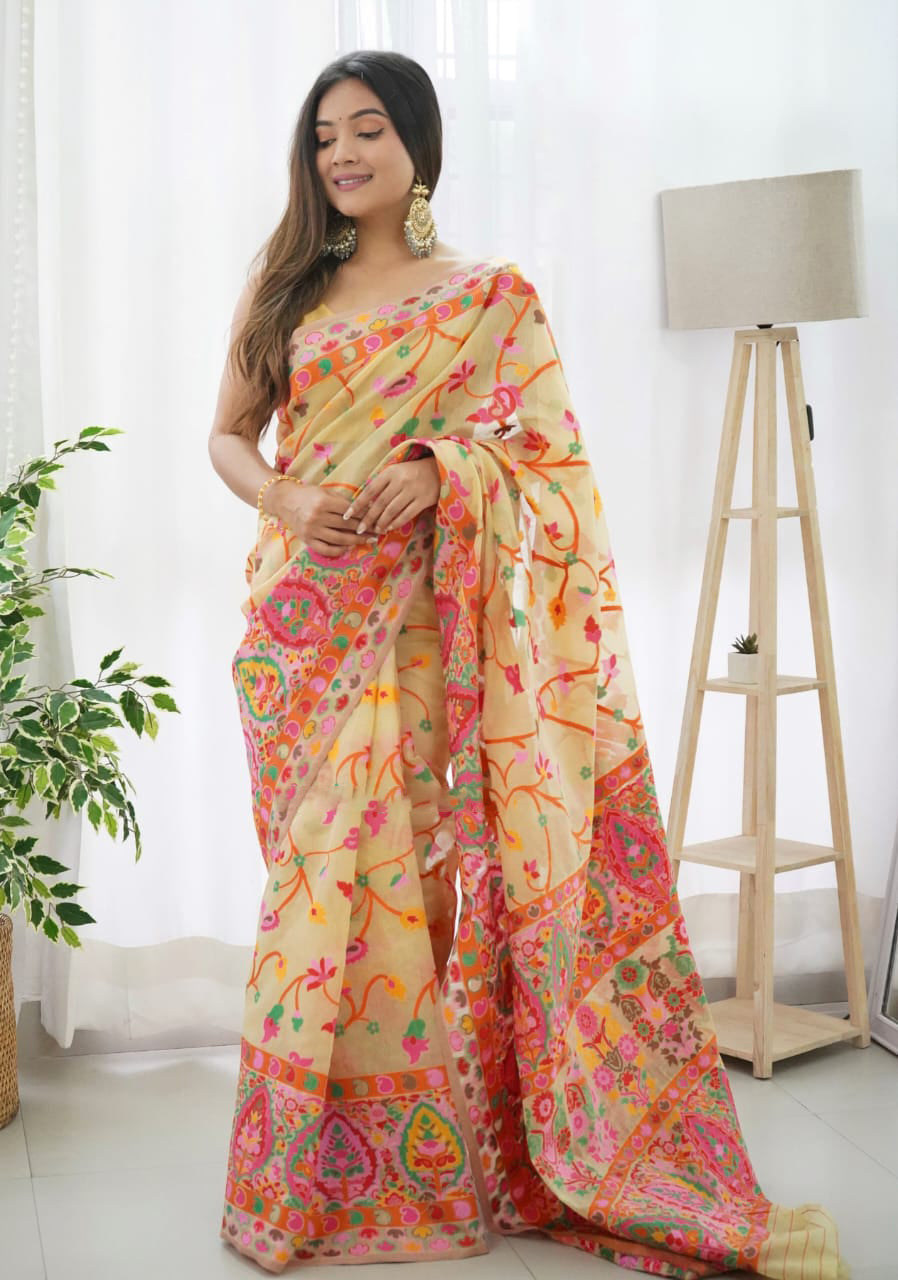 Beauteous Beige Pashmina saree With Fancifull Blouse Piece