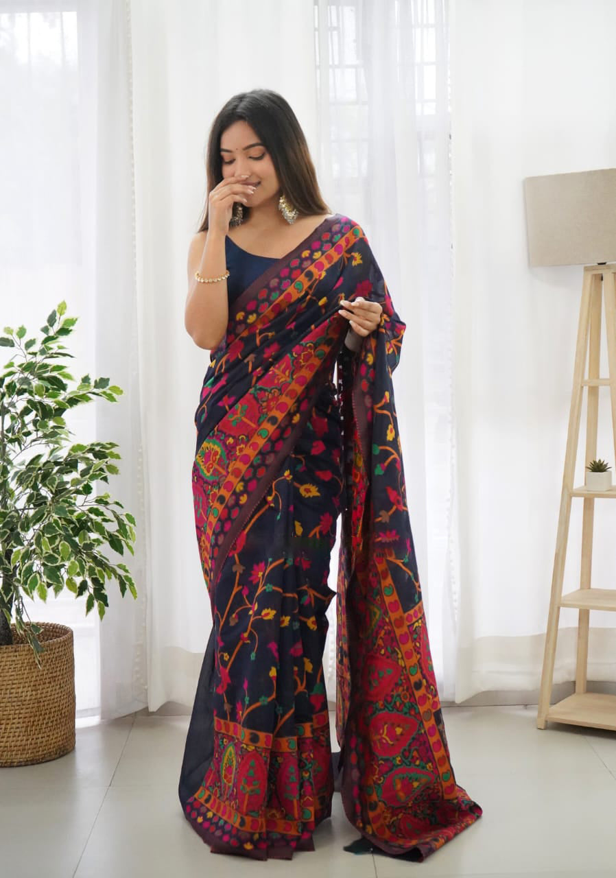 Beautiful Navy Blue Pashmina saree With Blooming Blouse Piece