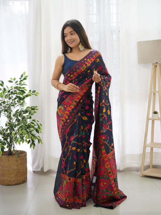 Beautiful Navy Blue Pashmina saree With Blooming Blouse Piece