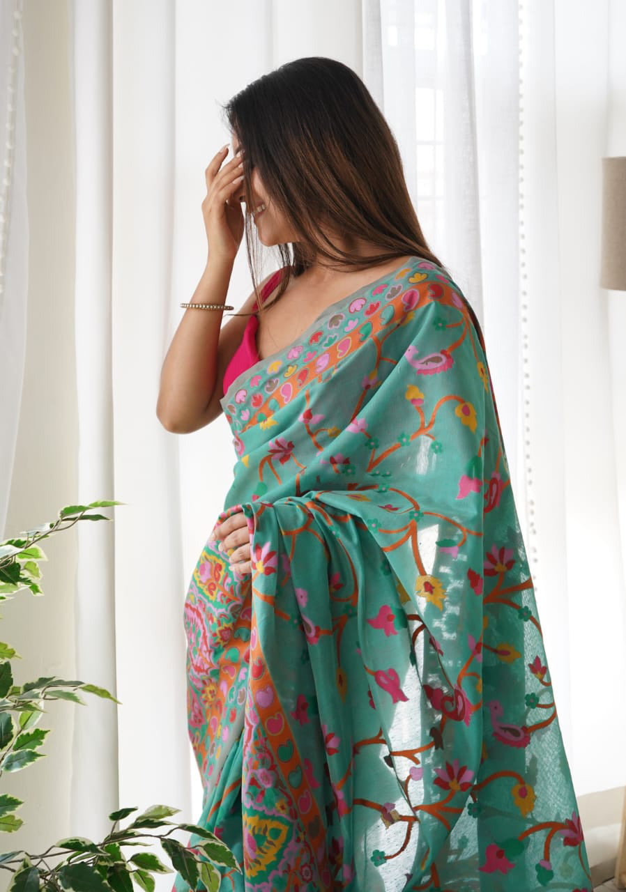 Fairytale Rama Pashmina saree With Angelic Blouse Piece