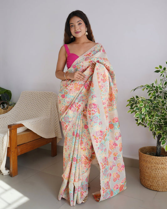 Exemplary Beige Pashmina saree With Precious Blouse Piece