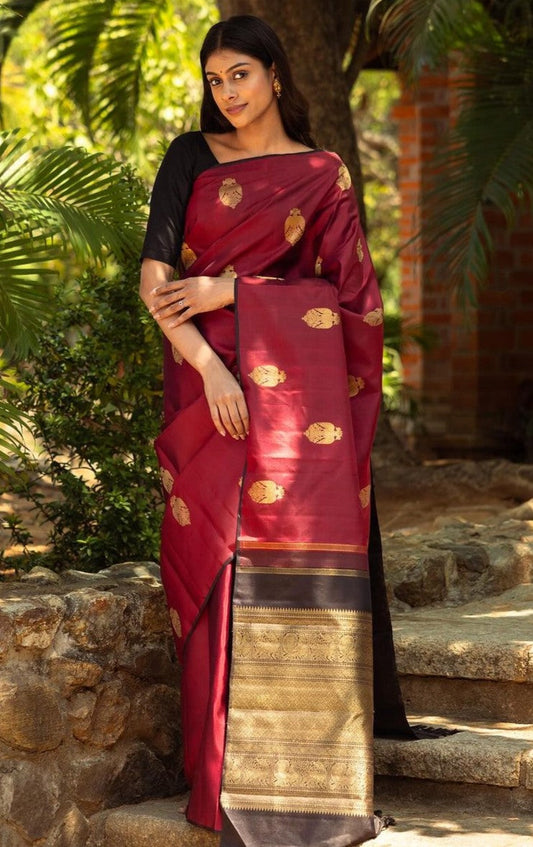 Exquisite Maroon Soft Silk Saree With Ailurophile Blouse Piece