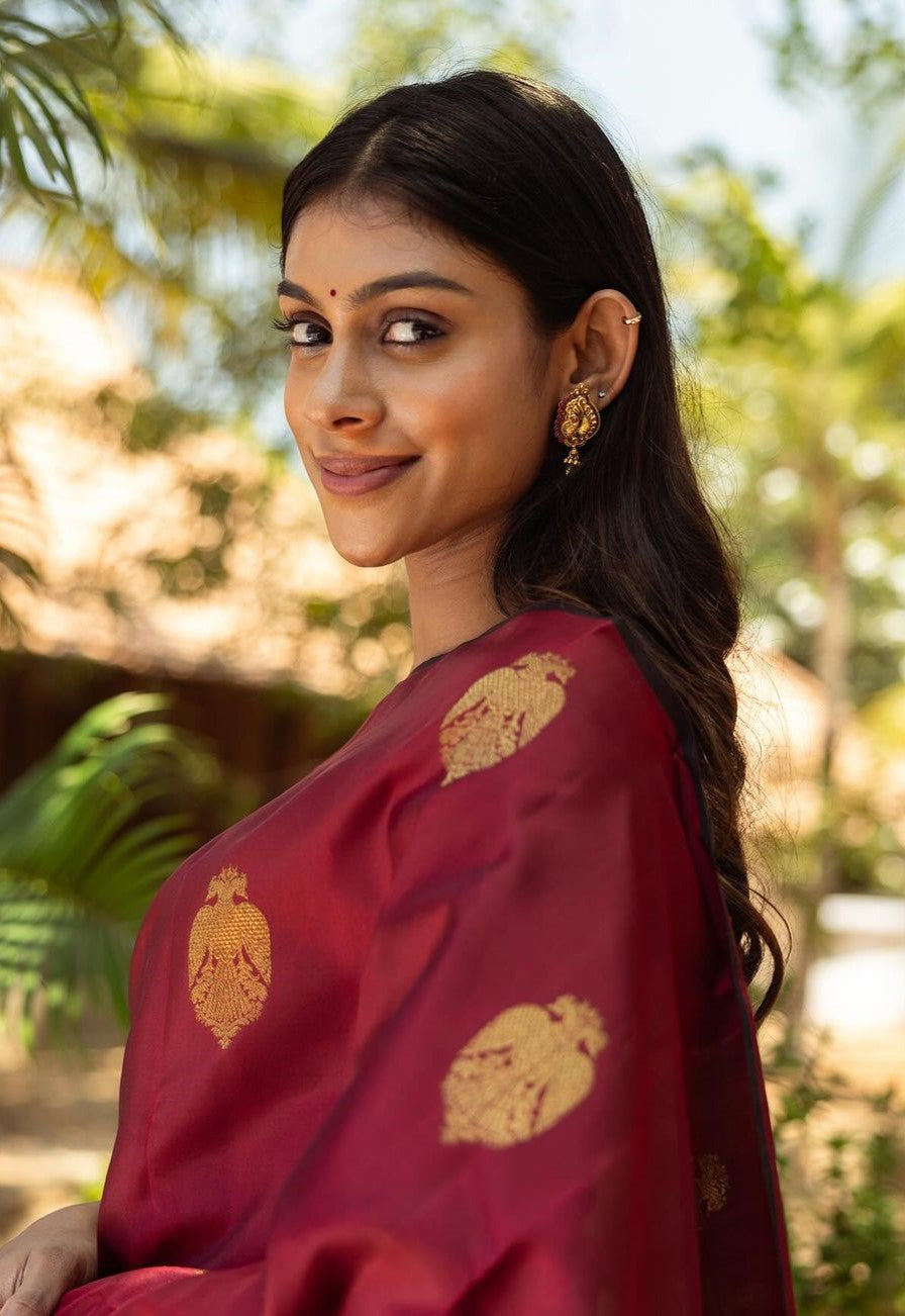 Exquisite Maroon Soft Silk Saree With Ailurophile Blouse Piece