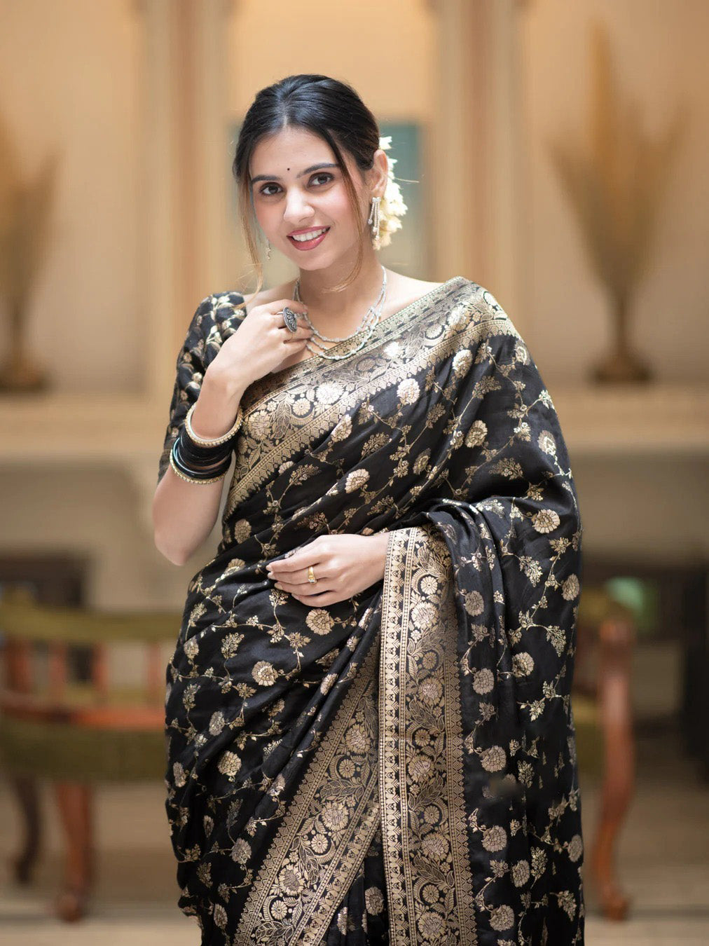 Fairytale Black Soft Silk Saree With Jazzy Blouse Piece