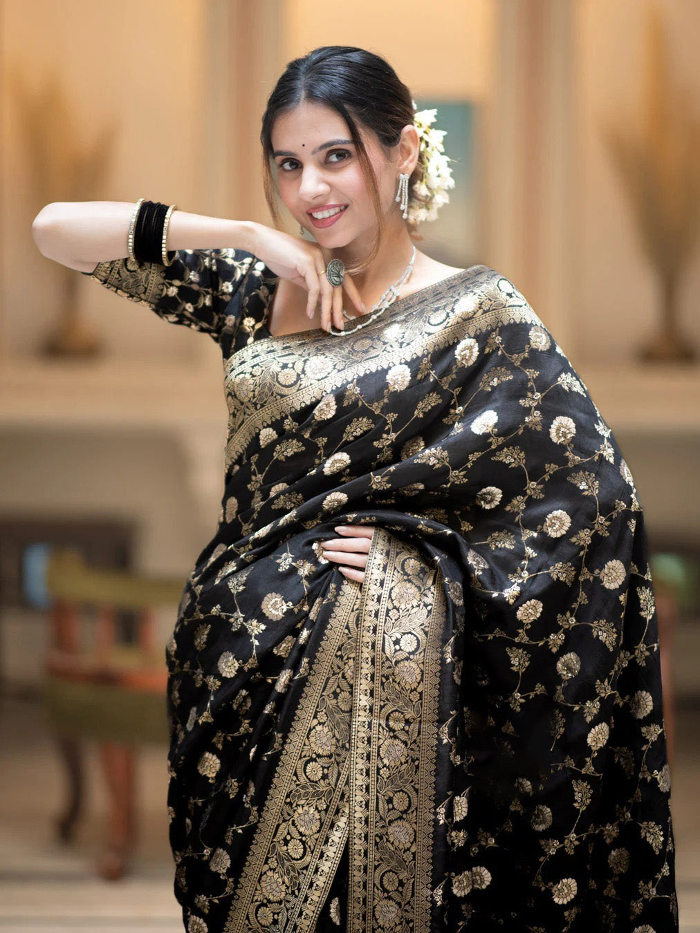 Fairytale Black Soft Silk Saree With Jazzy Blouse Piece