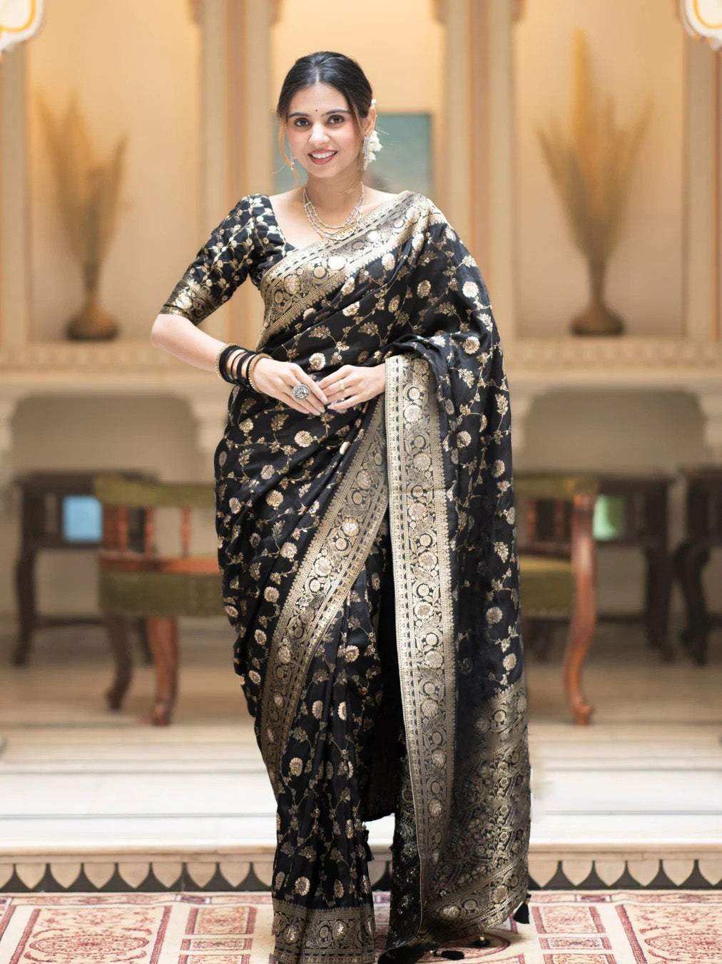 Fairytale Black Soft Silk Saree With Jazzy Blouse Piece